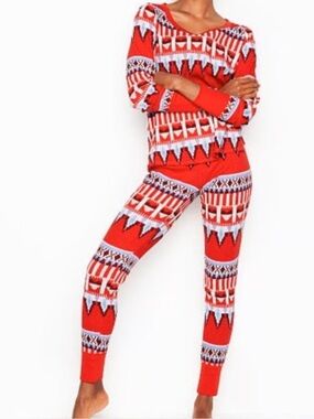 Victoria's Secret Red Purple Thermal Fair Isle Holiday Pajama Set M Girly Baddie